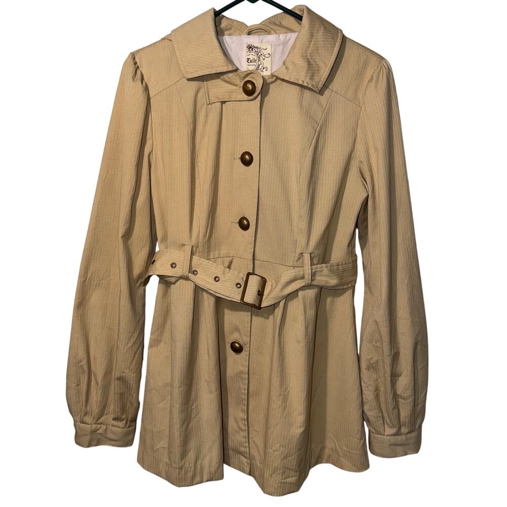 Tulle Original Clothing Tan Chevron Hooded Trench Coat Belted Peacoat Large